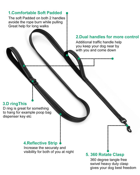 CHENEDY Heavy Duty Double Handle Dog Leash, Reflective Training Lead - 6FTBlack