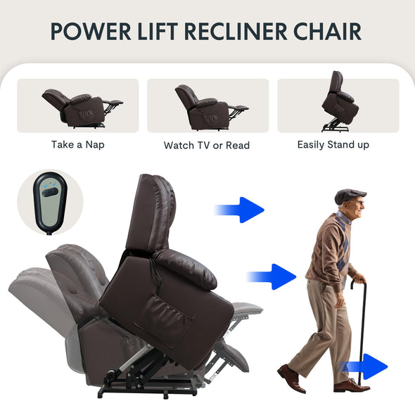 FLEXISPOT Power Lift Leather Recliner Chair Sofa for Elderly, With Massage & Heat, Cup Holders