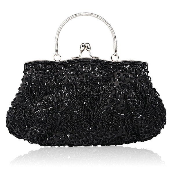 Simcat Beaded Sequin Design Flower Evening Purse Large Clutch Bag (Black)