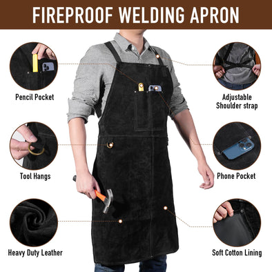 LeaSeek Cowhide Welding Work Apron, Heat Resistant & Flame Resistant adjustable Apron