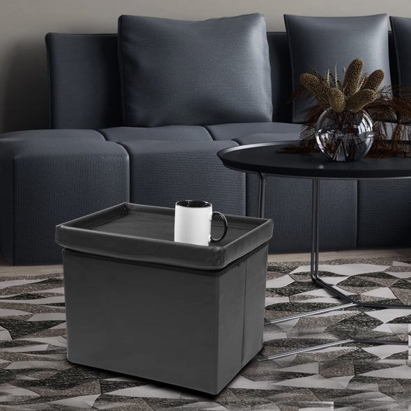 ALASDO Foldable Leather Ottoman with Storage for Living Room 17x13x13inches Black