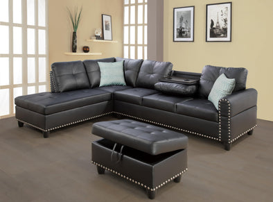 EOVTK 98" Faux Leather Sectional Sofa with Removable Storage Ottoman and Cup Holders, L-Shaped Upholstered Corner Couch with Chaise for Living Room Office Apartment, Black