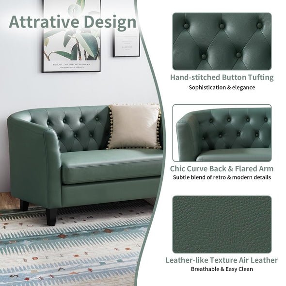 Husbedom 50 Inches Loveseat, Small Air Leather Couch for Small Spaces, Mini Sofa with Button Tufted Décor for Bedroom, Love Seats Furniture, Living Room, Bedroom, Apartment, Dorm, Grey Green