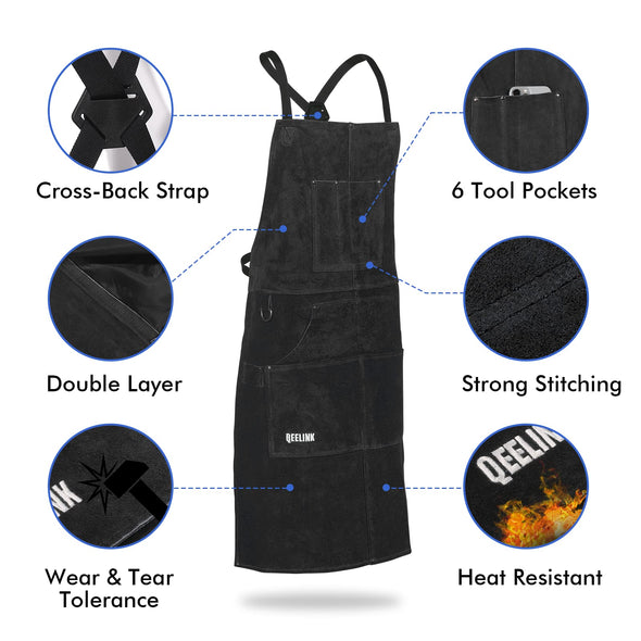 QeeLink Cowhide Welding Work Apron with 6 Tool Pockets, 24" x 36", Adjustable M-XXXL