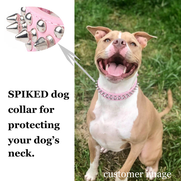 TEEMERRYCA Adjustable Leather Spiked Studded Dog Collars with Squeak Ball, Pink-L,15"-18.5"