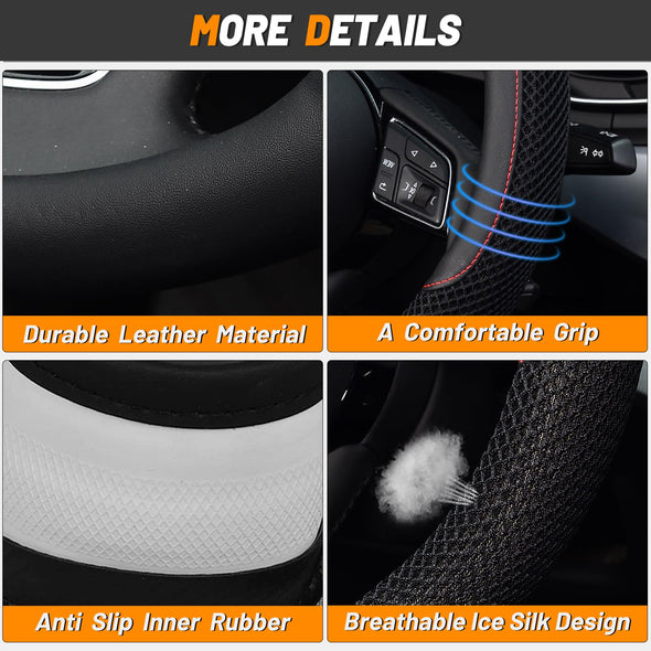 KAFEEK Anti-Slip Steering Wheel Cover, Universal 15 inch, Microfiber Leather Viscose, Black