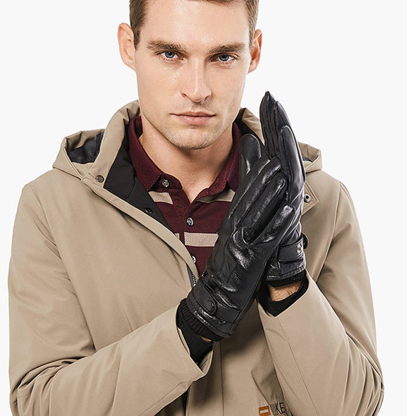 BISON DENIM Winter Sheepskin Leather Gloves for Men, Cashmere Lined Touchscreen Gloves