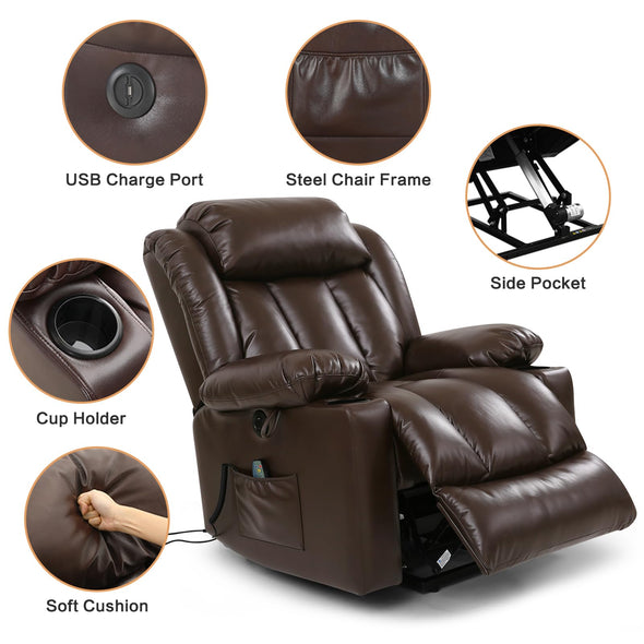 PARKOL Power Lift Leather Recliner for Elderly with Massage and Heat, 2 Cup Holders, Electric Stand Assist, USB Ports