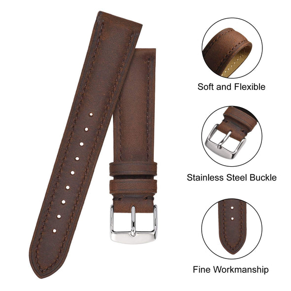 BISONSTRAP Vintage Crazy Horse Leather Watch Band with Stainless Steel Buckle