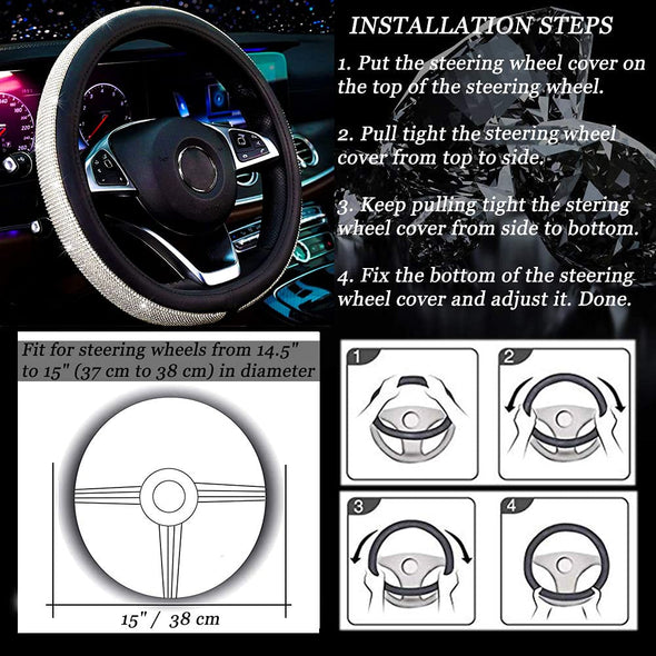 ChuLian New Rhinestones Leather Steering Wheel Cover for Women, Universal Fit 15 Inch Steering Wheel - Black