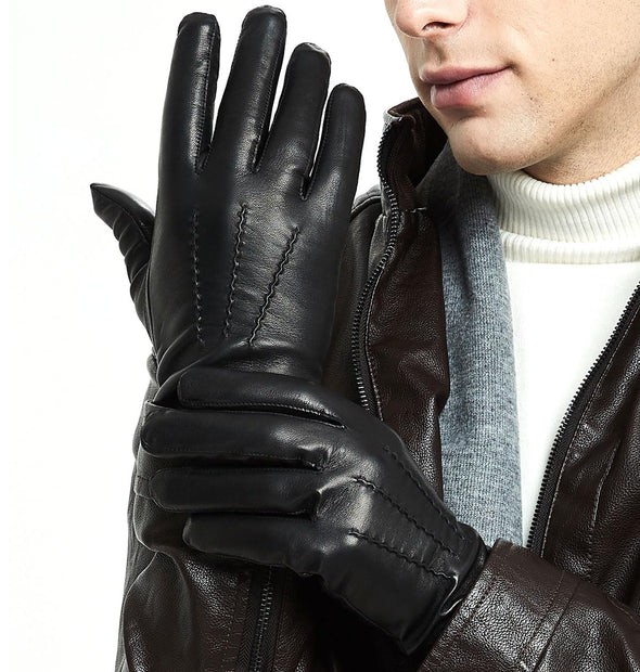 ZLUXURQ Leather Gloves for Men, Cashmere Lined Lambskin Touchsreen Gloves