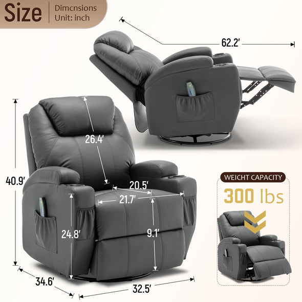 Korser Manual Swivel Recliner Chair with Massage and Heat, Remote Control and Cup Holder