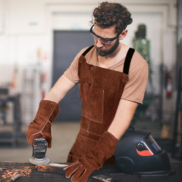 eletecpro Cowhide Welding Apron & Gloves, Heavy Duty Durable, 42 Inch 6 Pockets