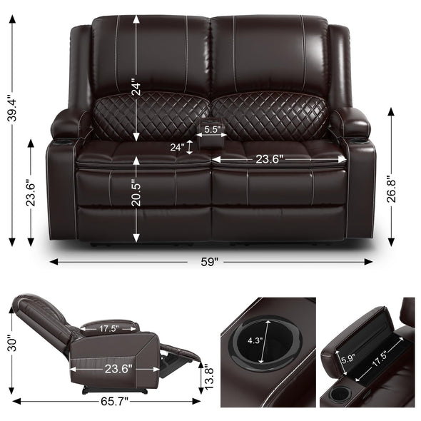 Yolsali Loveseat Recliner Sofa, Manual Reclining Loveseat with Removable Armrest, Faux Leather Recliner Loveseat for Adults with 2-Tier Cushions, USB Charging Ports, Cup Holders - Brown