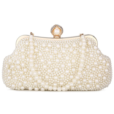 UBORSE Women Pearl Clutch Bead Rhinestone Evening Clutch Bag with removable Pearl Chain Ivory White