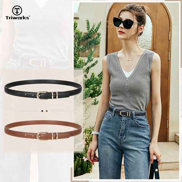 2 Pack Women Skinny Leather Belts for Jeans Pants Thin Faux Leather Belt with Gold Buckle