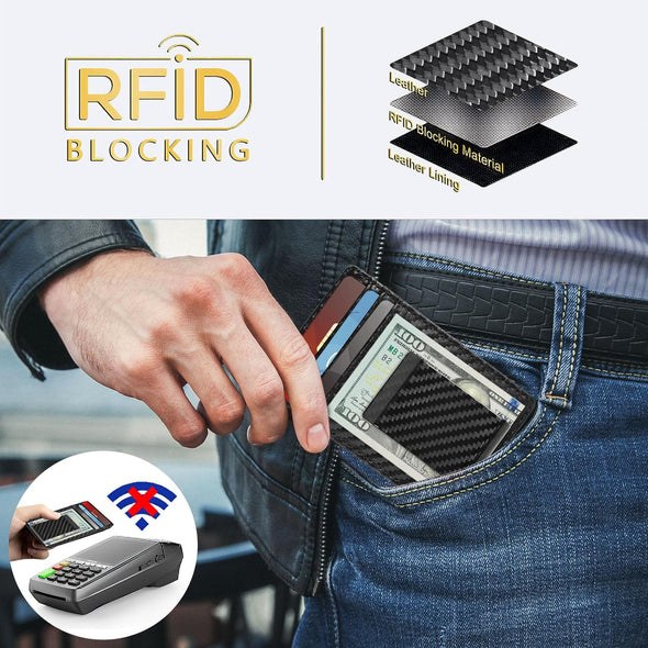 Money Clip for Men Carbon Fiber Clip Wallet Leather Slim Minimalist Card Holder RFID Blocking (Weaved Black)