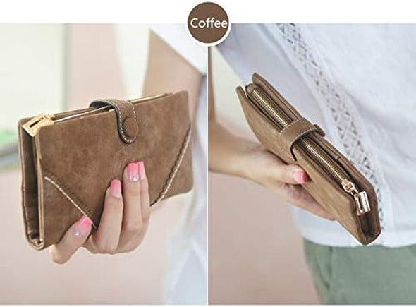 Women Vegan Leather Wallet Bifold Clutch Large Capacity Card Organizer Buckle Long Purse for Girls Candy Color