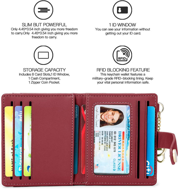 Slim Wallet for Women,Rfid Blocking Bifold Credit Card Holder with Zipper Coin Pocket,Id Window,Keychain