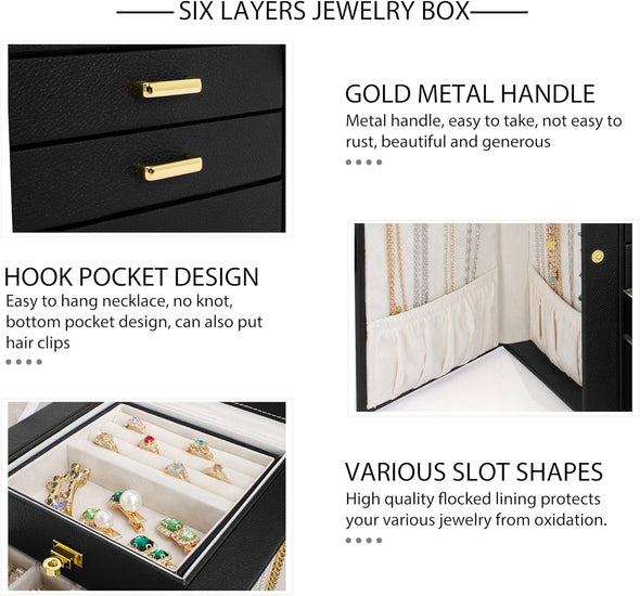 Jewelry Box Organizer Functional Leather Jewelry Storage Case for Women Girls Ring Necklace Earring Bracelet Holder Organizer with Mirror Black