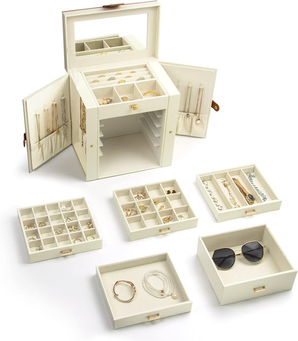 Jewelry Box for Women, 6-Layer Large Jewelry Holder Organizer Box with Mirror & 5 Drawers for Rings, Earrings, Necklaces, Bracelets,White