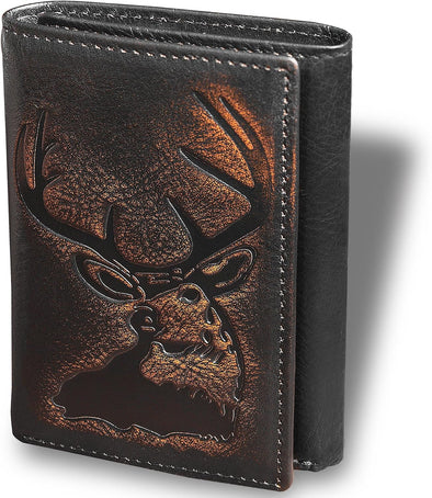 Deer Trifold Wallets for Men Full Grain Leather with Hand Burnished Tri-Fold Wallet RFID Blocking (Black and Brown)