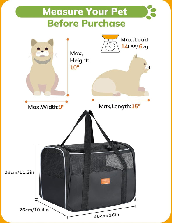 Cat Carrier Soft - Portable Pet Carrier for Small or Medium Cats, Dogs and Puppy up to 14Lbs, Airline Approved Dog Carrier with Safety Buckle - 16.0 X 10.4 X 11.2 Inch (Dark Gray)