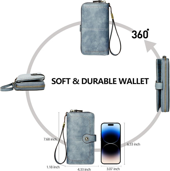 Wallet for Women RFID Blocking Leather Large Capacity Card Holder Ladies Phone Clutch Travel Long Purse Wristlet