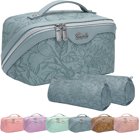 Travel Makeup Bags Cosmetic Organizer Bag: 3-Set Large Capacity Make up Bag - PU Leather Toiletry Bag for Women - Wide Open Portable Pouch with Divider & Handle 01-Light Blue