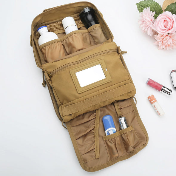 Tactical Toiletry Bag for Men Travel, Hanging Dopp Kit Shaving Hygiene Bag for Traveling Bathroom Brown