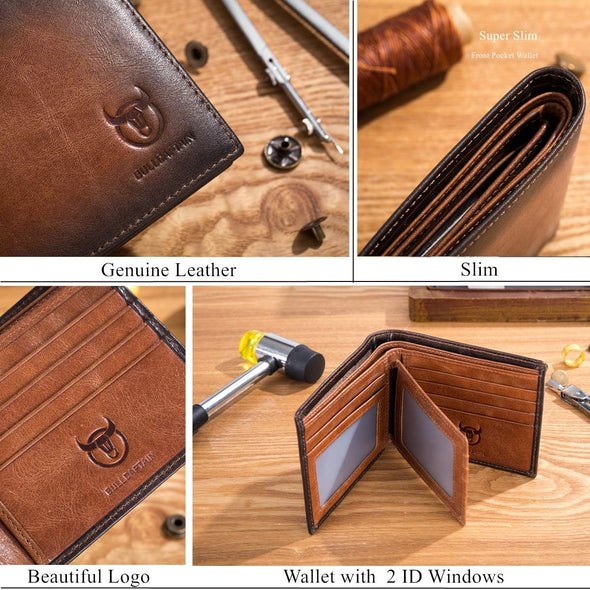 RFID Wallets for Men Slim Bifold Genuine Leather Front Pocket Wallet with 2 ID Windows QB-05 (Brown)