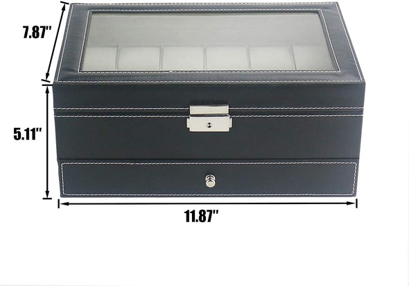 12 Slot PU Leather Lockable Watch Storage Boxes, Men & Women Jewelry Display Drawer Case, 2-Tier Organizer Watch Showcase with Glass Lid (Black)