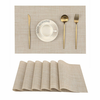 Leetaltree Beige Placemats Set of 6, Heat Resistant Non-Slip PVC Vinyl Woven TableMats, Beige