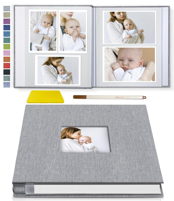 Popotop Linen Cover Photo Album with Picture Display Window, Scraper & Metallic Pen