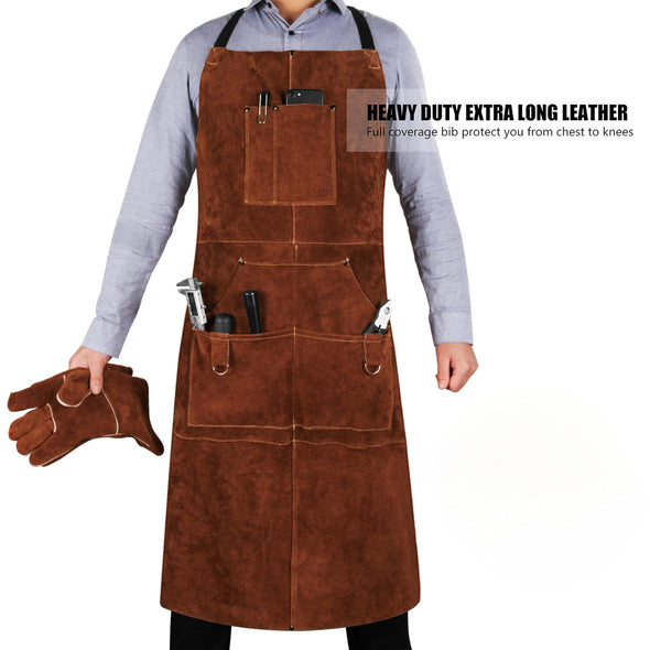 eletecpro Cowhide Welding Apron & Gloves, Heavy Duty Durable, 42 Inch 6 Pockets