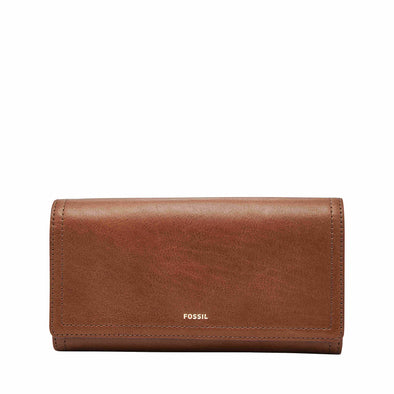 Fossil Women's Logan Leather Wallet RFID Blocking Flap Clutch Organizer, Brown