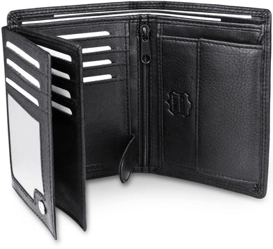 Frentree Men's Trifold Nappa Leather Wallet, 15 Card Slots, RFID Protection, Portrait Format, Black