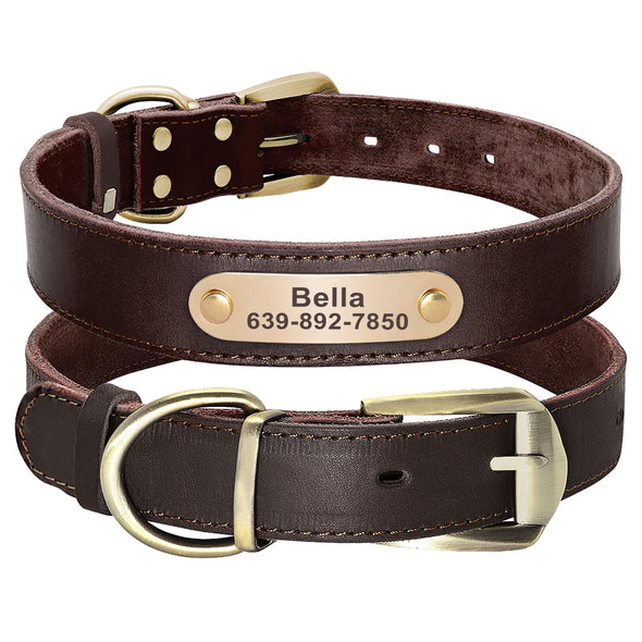 Didog Personalized Genuine Leather Dog Collars with Engraved Nameplate for Medium Large Dogs, M-Brown