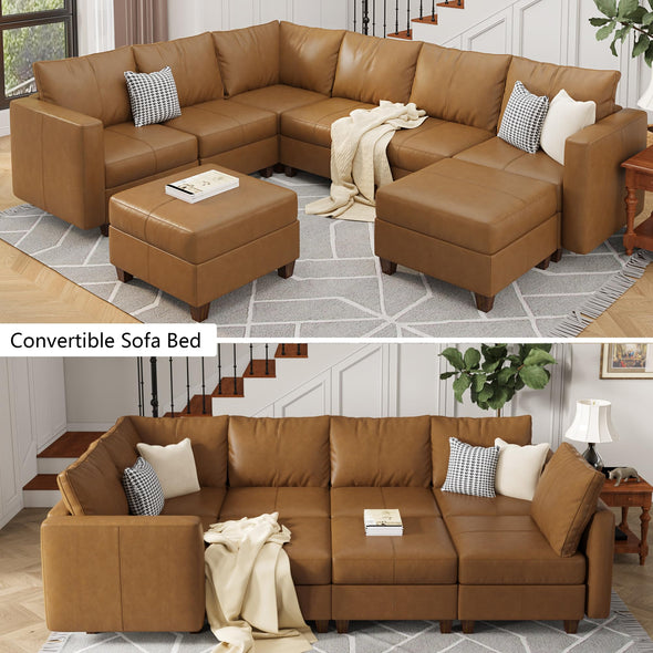 EASE MOOSE Modular Sectional Sofa with Storage, U Shaped Sectional Faux Leather Sectional Couch Large Sectional Sofa, Brown