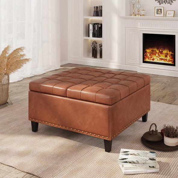 FiveWillowise Leather Ottoman with Storage, Coffee Table with Lift Top, for Livingroom & Bedroom - Brown