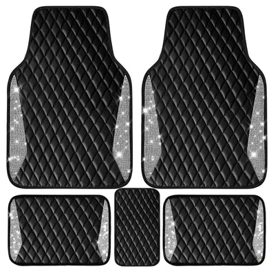 CAR PASS Leather Car Mats, Shining Diamond Anti Slip Floor Mats for Women, 5pcs Black Silver