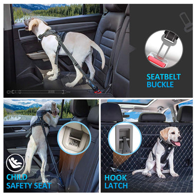 IOKHEIRA Dog Seat Belt 3-in-1Car Harness with Reflective Hook Latch, Buckle, Zinc Alloy Carabiner