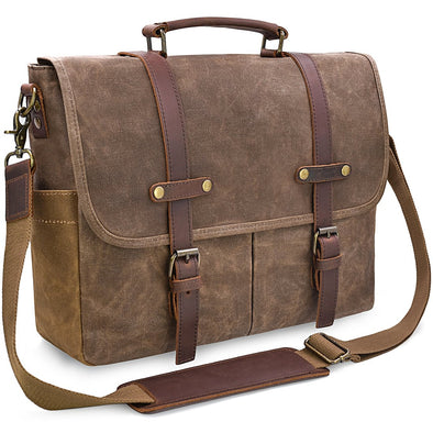 NEWHEY Messenger Bag, Waterproof Vintage Genuine Leather Waxed Canvas Briefcase Laptop Shoulder Bag