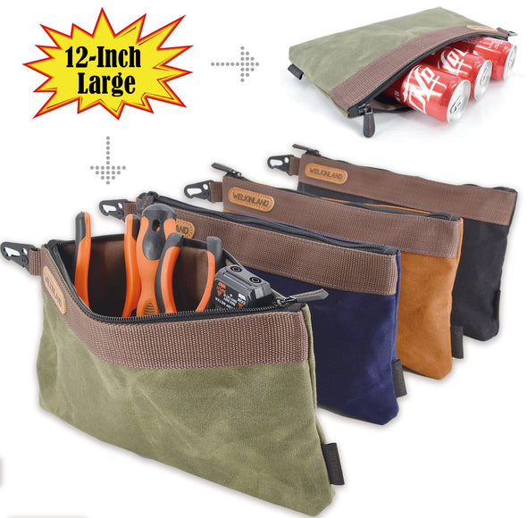 WELKINLAND Heavy-Duty Waxed Canvas Tool pouch with zip, 4PCS, 12"