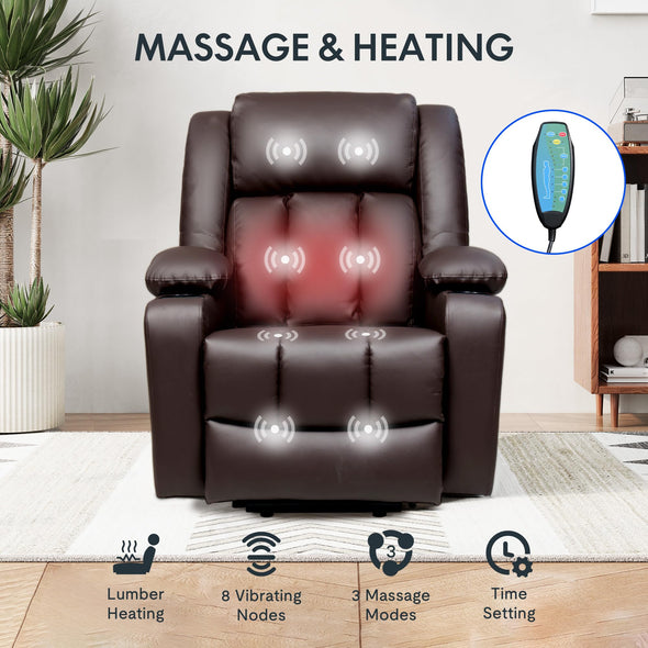 FLEXISPOT Power Lift Leather Recliner Chair Sofa for Elderly, With Massage & Heat, Cup Holders