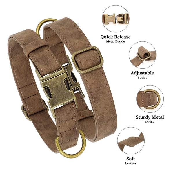 Didog Adjustable Leather Heavy Duty Dog Collar with Quick Release Metal Buckle for Small Dogs, Brown-S