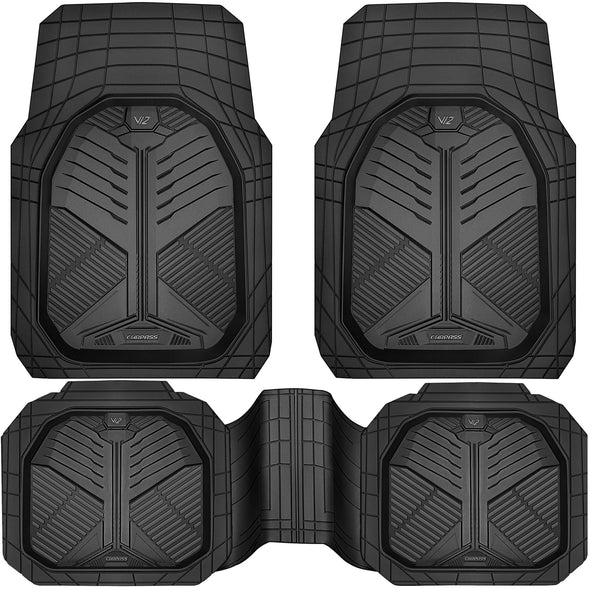 CAR PASS Heavy Duty Rubber Car Mats, Deep-Dish Odorless Car Floor Mats, 3 Pieces V12 Black