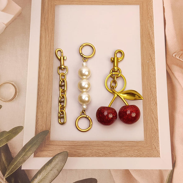 Nalefow 3PCS Bag Charms Cherry Keychain/ Pearl /Bag Extender Chain