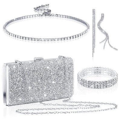 Kigeli 4Pcs Silver Clutch Bag Jewelry Set, Rhinestone Shiny Evening bag