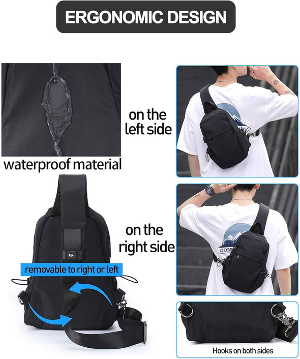 Small Black Sling Crossbody Backpack Shoulder Bag for Men Women, Lightweight One Strap Sling Bag Backpack for Hiking Walking Biking Travel Cycling USB Charger Port-Nylon